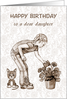 Happy Birthday to Dear Daughter With Girl Watering Flowers and Cat card