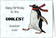 Happy Birthday Coolest Teacher Ever with Penguin Wearing a Scarf card