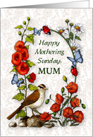 Happy Mothering Sunday Mum with Flowers Butterflies and Bird Art card