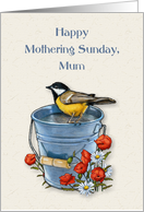 Happy Mothering Sunday Mum with Bird Perched on Pail and Poppies card