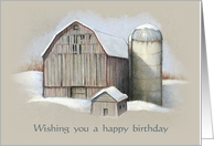 General Happy Birthday With Old Barn and Silo in Winter Fine Art card