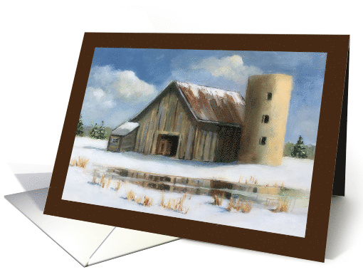 Any Occasion Blank Inside Painting of Old Barn And Silo in Winter card