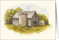 Any Occasion Blank Inside Watercolor Painting of Old Barn and Silo card