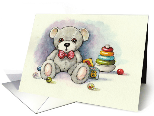 Welcome to New Baby with Watercolor Illustration of Bear and Toys card
