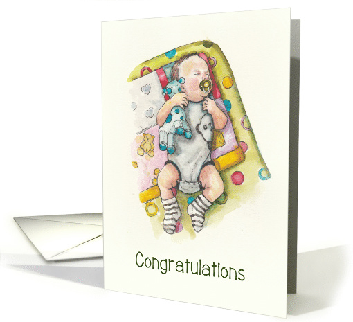 New Baby Boy Congratulations with Watercolor Painting of Baby card