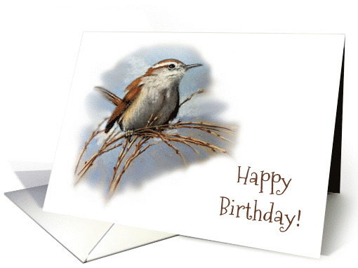 General Birthday with Bird Caroline Wren in Pastel Illustration card