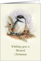 Christmas Religious with Watercolor Art of Chickadee in Snow Berries card