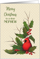 Merry Christmas to a Dear Nephew with Red Cardinal and Holly Leaves card