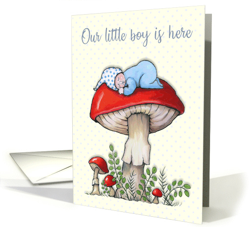 Birth Announcement Little Boy Sleeping on Bright Red Mushroom card