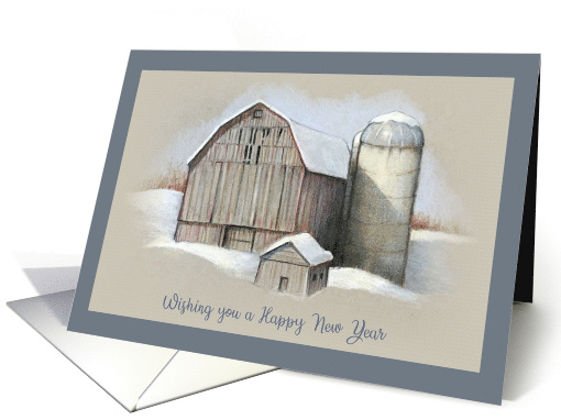 General Happy New Year with Drawing of Old Barn and Silo in Snow card