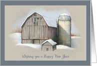 General Happy New Year with Drawing of Old Barn and Silo in Snow card