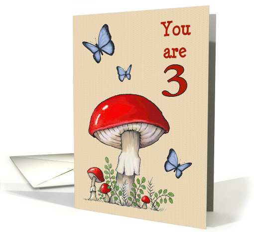 Happy Third Birthday Turning Three Red Mushrooms and Butterflies card