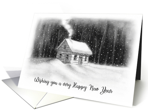 General Happy New Year with Drawing of Cabin in Woods and Snow card
