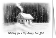 General Happy New Year with Drawing of Cabin in Woods and Snow card
