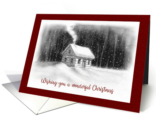General Merry Christmas with Drawing of Cabin in Woods and Snow card