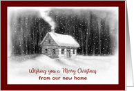 Merry Christmas from our New Home Drawing of Cabin in Woods and Snow card