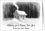 Happy New Year from our New Home Drawing of Cabin in Woods and Snow card