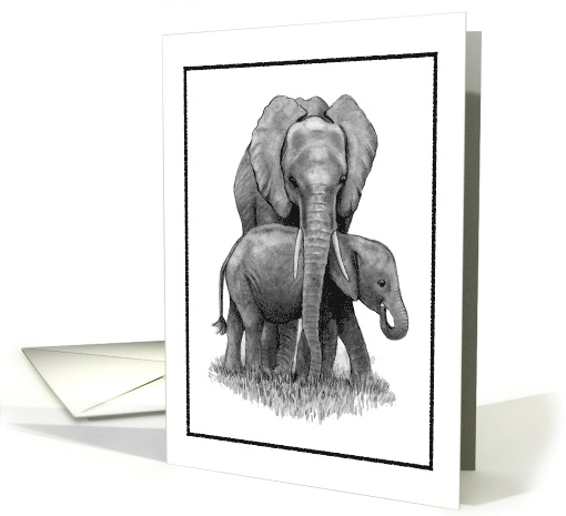 Any Occasion Blank Inside Elephant Mom and Baby Pencil Drawing card