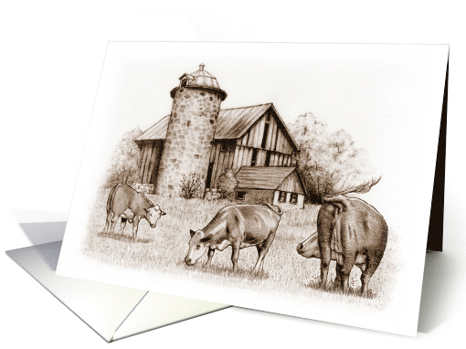 All Occasion Blank Inside with Sepia Drawing of Cows and Barn card