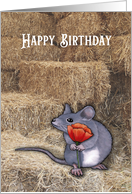 General Happy Birthday with Mouse in the Hay Holding a Red Poppy card