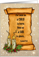 Christmas Religious For Unto Us a Child is Born with Old Scroll card