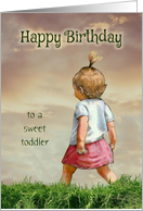 Toddler Birthday with Cute Little Girl Striding Through Long Grass card