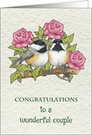 Wedding Congratulations with Pink Roses and Chickadee Birds Couple card