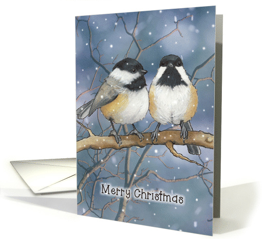 Merry Christmas with Chickadee Couple on Branch and Snow Falling card