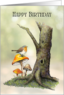 General Happy Birthday with Illustration of Robin Toadstools and Tree card