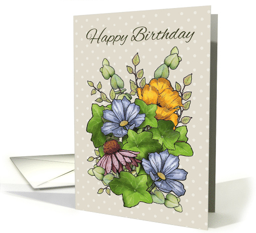 Happy Birthday General with Flowers and Ivy Leaves Hand Drawn Art card