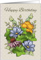 Happy Birthday General with Flowers and Ivy Leaves Hand Drawn Art card