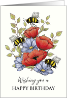General Happy Birthday with Flowers and Bees Illustration card