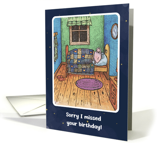 Belated Birthday General with Cute Mouse Sleeping Under Quilt card