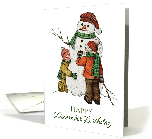 Happy December Birthday For Kids With Boy and Girl Making Snowman card
