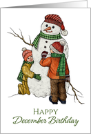 Happy December Birthday For Kids With Boy and Girl Making Snowman card