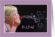 Party Invitation Drawing of LIttle Girl Blowing Bubbles Color Pencil card
