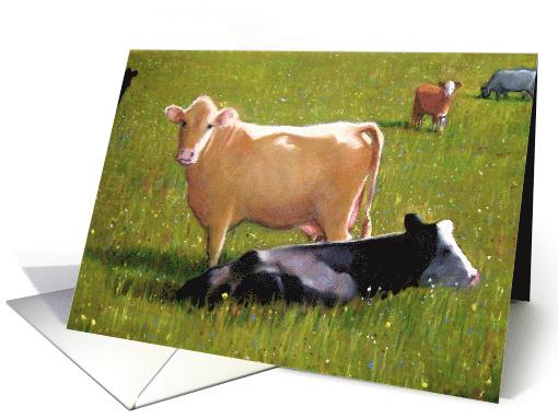 Any Occasion Pastel Painting of Cows in Pasture Farm Country Life card