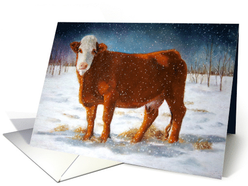 Any Occasion Painting of Red Beef Cow in Snow Blank Inside... (754823)