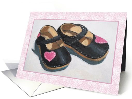 Arrival of Baby Girl Announcement Baby Shoes Pink Hearts and Lace card