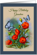 Grandma Birthday Red Poppies Blue Butterflies Garden Art Grandmother card