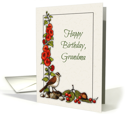 Happy Birthday to Grandma with Hollyhock Flowers and Bird card
