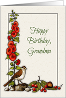 Happy Birthday to Grandma with Hollyhock Flowers and Bird card