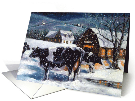 Snowy Winter Evening With Holstein Cows Barn Country Christmas card