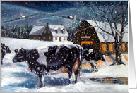 Snowy Winter Evening With Holstein Cows Barn Country Christmas card