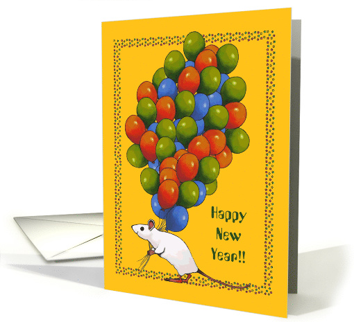 Happy New Year: White Mouse With Large Cluster of Balloons card