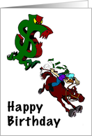 cartoon dollar sign chasing man on horse card