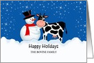 Cow Christmas Greeting Card-Snowman-Snow Scene-Customizable Text card