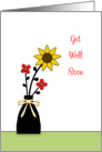 Get Well Greeting Card-Black Vase-Sunflower and Red flowers card
