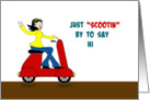 Hi Hello Greeting Card-Retro Girl on Red Scooter-Scootin By to Say Hi card
