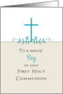 For Boy First Holy Communion Greeting Card-Cross-Leaf Scroll card